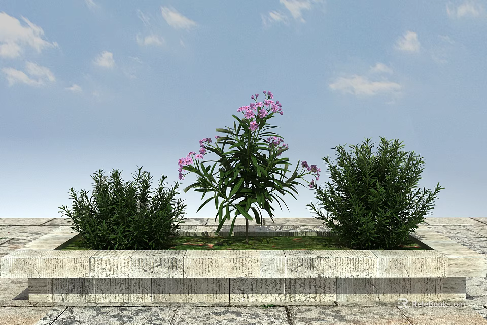 Vibrant Purple Flowers And Lush Green Shrubs In Stone Planter With Blue Sky 3d model 