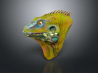 Vibrant Green Reptile Head With Colorful Scales Orange Eyes And Spiked Crest 3d model