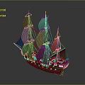 Vintage Sailing Ship With Black Sails Green Hull And Wooden Masts
