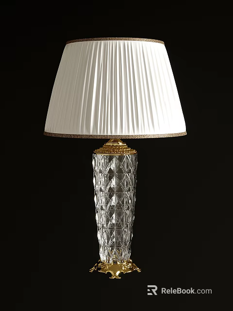 Elegant Table Lamp With White Pleated Lampshade And Diamond Cut Crystal Base 3d model 