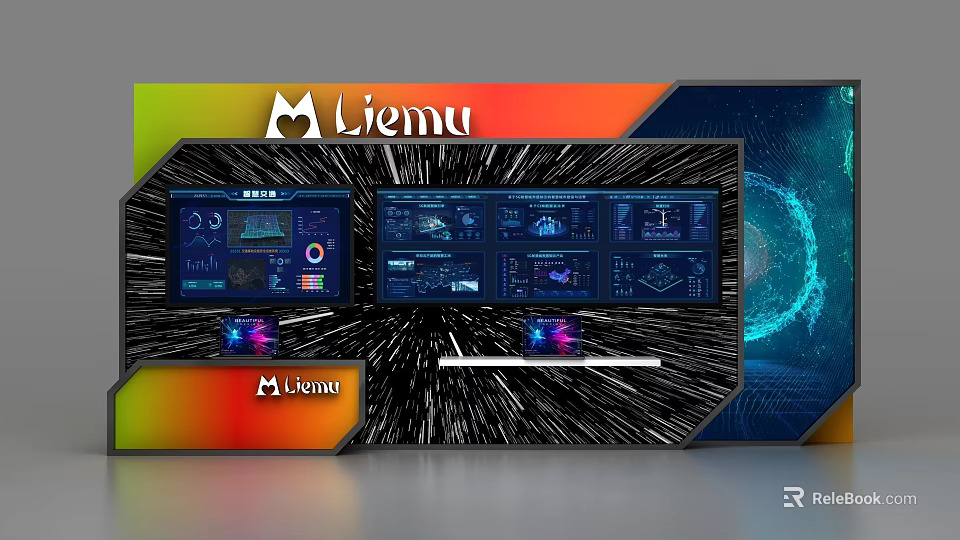 Liemu Commercial Equipment Featuring Multiple Displays with Data Charts Interfaces and Tech Inspired Gradient Background 3d model