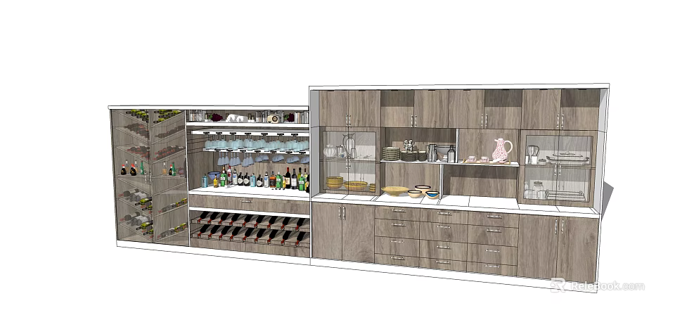 Modern Stylish Wine Cabinet Design with Glass Doors Wooden Shelves and Bottle Storage Adjacent Cabinets 3d model 