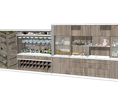 Modern Stylish Wine Cabinet Design with Glass Doors Wooden Shelves and Bottle Storage Adjacent Cabinets 3d model