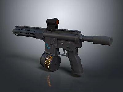 Black Tactical Rifle with Drum Magazine Scope Muzzle Device and Engraved Details 3d model