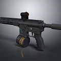 Black Tactical Rifle with Drum Magazine Scope Muzzle Device and Engraved Details