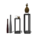 Decorative Ornament Set With Brown Vases White Accent And Black Display Stands