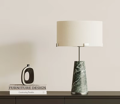 Modern Marble Base Table Lamp with Cream Lampshade on Table Beside Furniture Design Books 3d model