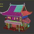 Traditional Chinese Wooden Architecture With Tile Roof Eaves Red Lanterns Bamboo Curtains And Blue Canopy