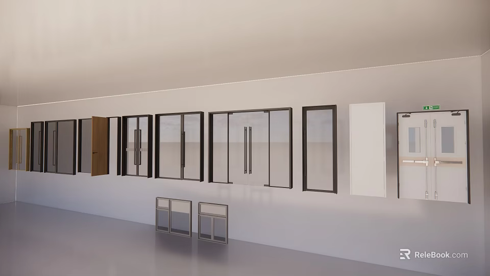 Modern Double Doors With Glass Panels And Wooden Design In Interior Showroom 3d model 