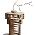 Elegant Wooden Side Table With Metal Grid Design Round Tabletop And Decorative Branches