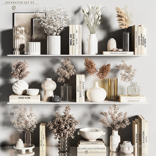 Stylish Decorative Items Arrangement With Vases Dried Flowers And Books On Shelves 3d model 
