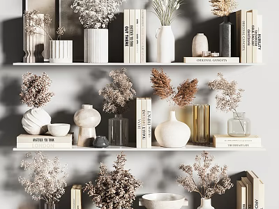 Stylish Decorative Items Arrangement With Vases Dried Flowers And Books On Shelves 3d model