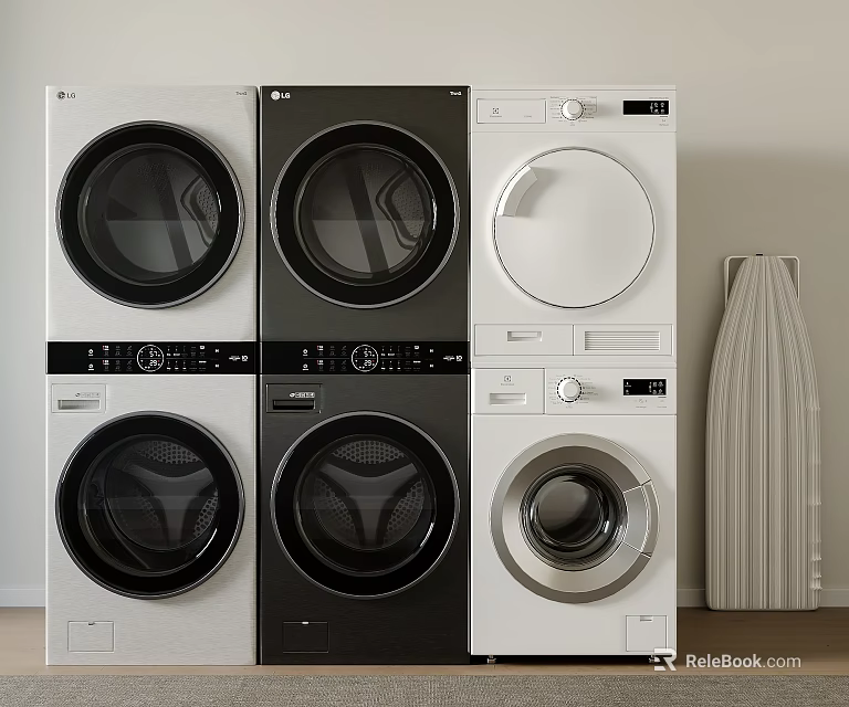 Modern Front Load Washing Machines in Black and White Stacked in Laundry Room 3d model 