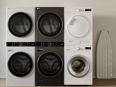 Modern Front Load Washing Machines in Black and White Stacked in Laundry Room 3d model