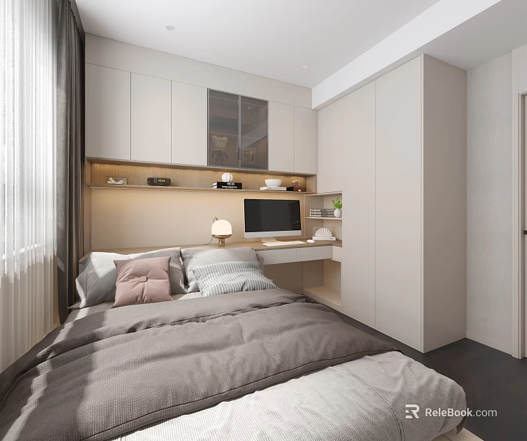 Modern Minimalist Tatami Bedroom Interior With Bed Desk Computer Storage Cabinets And Window Curtains 3d model 