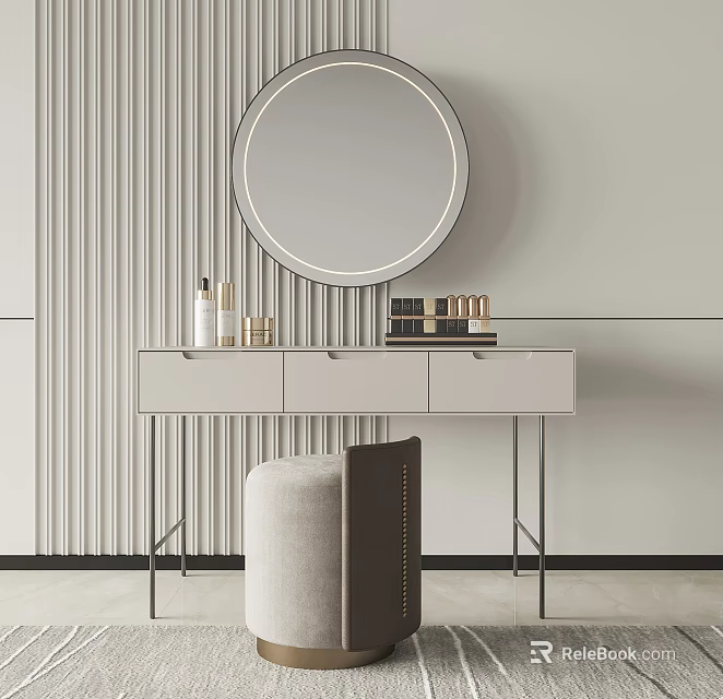 Modern Dressing Table With Illuminated Circular Mirror Cosmetics Drawers Striped Wall And Stool 3d model 