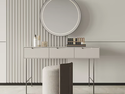 Modern Dressing Table With Illuminated Circular Mirror Cosmetics Drawers Striped Wall And Stool 3d model
