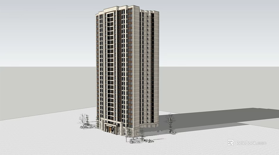 Modern High-rise Building With Glass Windows Sleek Design And Small Trees 3d model 