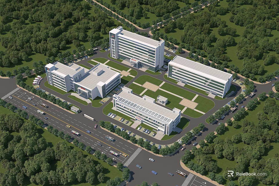 Aerial Planning of Modern Institutional Complex with Green Space Road Network and Parking Layout 3d model 