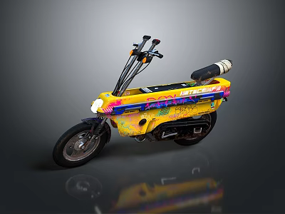 Yellow Motorcycle with Colorful Graffiti Black Seat Silver Exhaust Pipe and Headlight 3d model