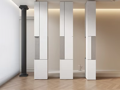 Modern Interior Columns Featuring White Black Design And Herringbone Wooden Flooring 3d model