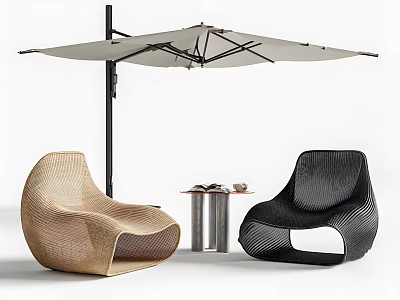 Woven Outdoor Lounge Chairs in Beige and Black with Side Table and Umbrella 3d model