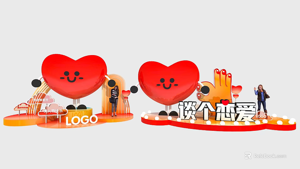 Red Heart Shaped Decorations With Smiling Faces Logo For Love Theme Event 3d model