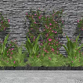 Green Plant Wall Featuring Gray Stone Wall Background Green Plants Pink Flowers and Leafy Plants