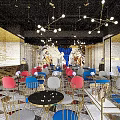 Modern Bar Interior Design With Open Layout Colorful Chairs Art Mural Chandeliers And Marble Tabletops