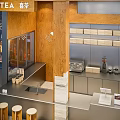 Bright Modern Bubble Tea Shop Interior Design With Wooden Counter And Shelves Stools