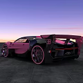 Pink and Black Sports Car Parked on Open Ground With Sunset Sky Gradient