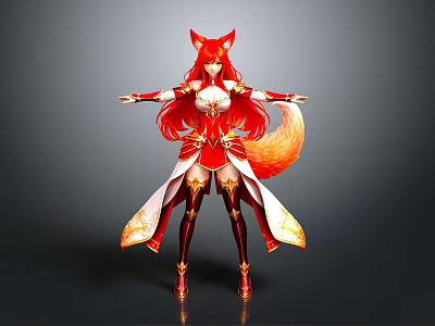 Game Fantasy Female Character with Red Hair Fox Ears Tail and Ornate Red Gold Outfit 3d model
