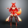 Game Fantasy Female Character with Red Hair Fox Ears Tail and Ornate Red Gold Outfit