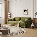 Stylish Green Three Seater Sofa with Pillows Blanket and Wall Art in Modern Living Room