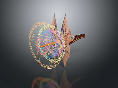 Ancient Fantasy Triangular Weapon With Intricate Golden Runes Colorful Aura And Decorative Design 3d model
