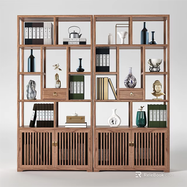 Traditional Wooden Etagere with Multiple Shelves Displaying Books Vases Teapot and Decorative Items 3d model 