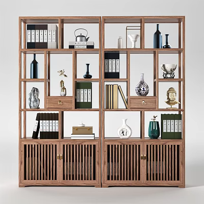 Traditional Wooden Etagere with Multiple Shelves Displaying Books Vases Teapot and Decorative Items 3d model