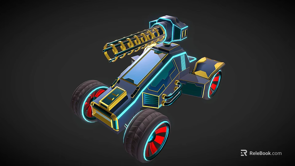 Futuristic Sci Fi Car With Neon Lights Large Red Wheels Gold Accents And Mechanical Top 3d model 