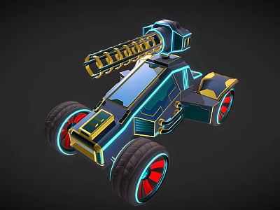 Futuristic Sci Fi Car With Neon Lights Large Red Wheels Gold Accents And Mechanical Top 3d model