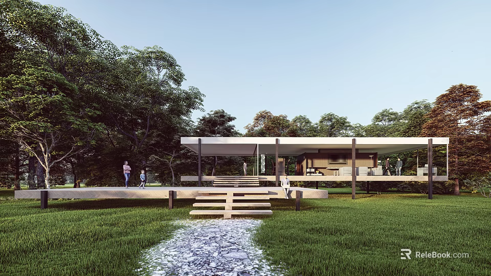 Modern Hotel Building With Green Lawn Trees Pathway And Open Design 3d model 