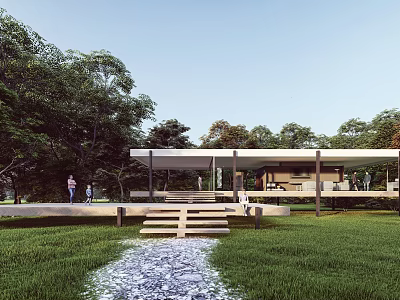 Modern Hotel Building With Green Lawn Trees Pathway And Open Design 3d model