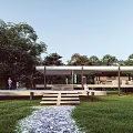 Modern Hotel Building With Green Lawn Trees Pathway And Open Design