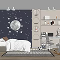 Kids Room Interior With Moon Stars Wall Decor Bed Desk Circular Shelves And Rocking Horse