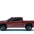 Red GMC Pickup Truck With Four Door Design And Black Wheels
