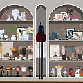 Stylish Decorative Ornaments Set On Arched Shelves With Vases Photo Frames And Astronaut Figurines