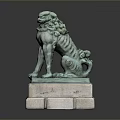 Ornate Bronze Lion Statue Standing on Carved Stone Base with Intricate Details