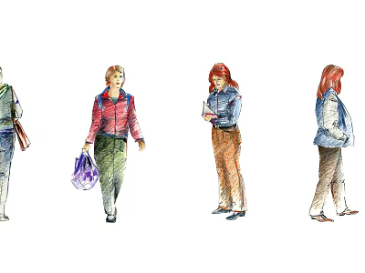 Women In Different Casual Outfits Walking Carrying Bags And Holding Papers 3d model