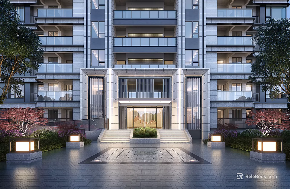 Modern Apartment Building Exterior Featuring Elegant Entrance Steps And Landscaping Lighting 3d model 
