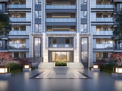 Modern Apartment Building Exterior Featuring Elegant Entrance Steps And Landscaping Lighting 3d model