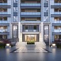 Modern Apartment Building Exterior Featuring Elegant Entrance Steps And Landscaping Lighting
